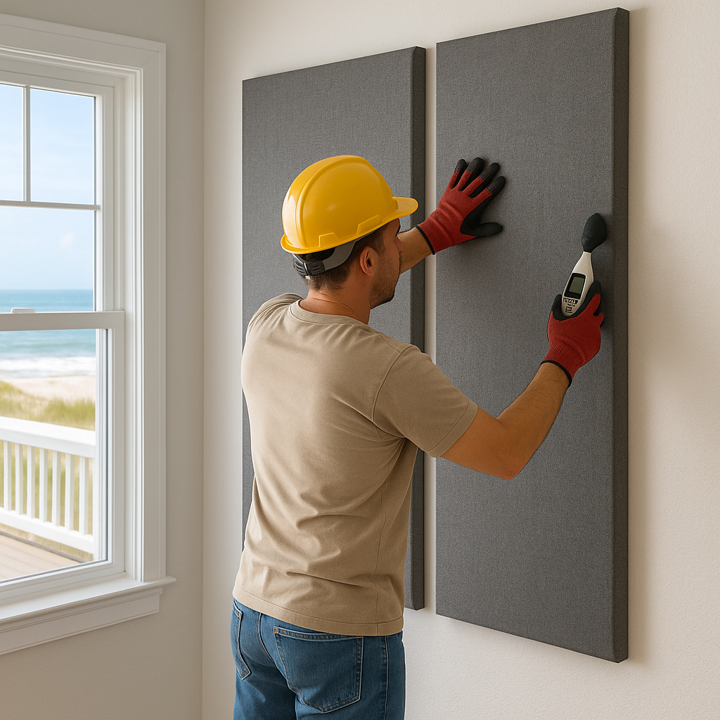 Installer installing acoustic panels in a coastal house
